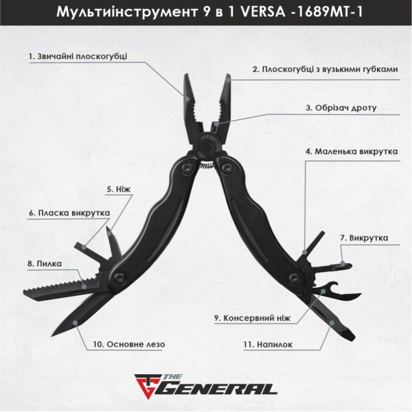 Мультиінструмент 9 в 1 VERSA, 165 мм, в чохлі